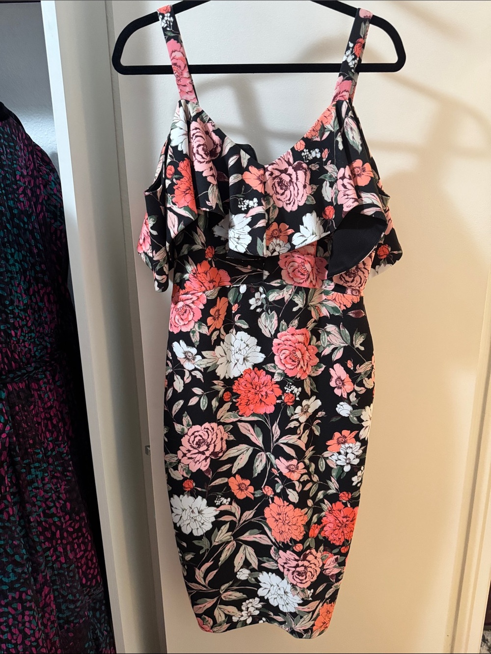 RACHEL Rachel Roy Black Midi Dress with Pink & Coral Floral Print